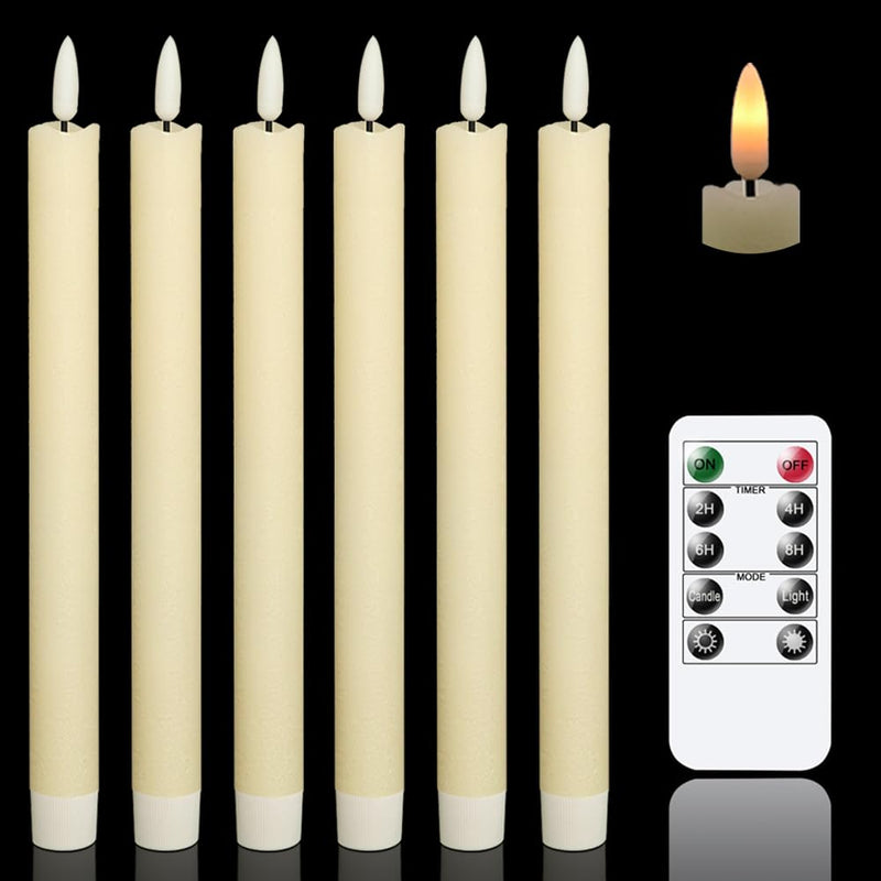 Genswin Flameless Ivory Taper Candles Flickering with 10-Key Remote, Battery Operated Led Warm 3D Wick Light Window Candles Real Wax Pack of 6,