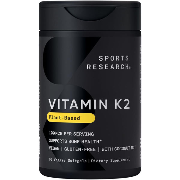 Sports Research Vitamin K2 as MK7 with Organic Coconut MCT Oil | Non-Gmo Verified, Vegan Certified (60 Veggie-Softgels)