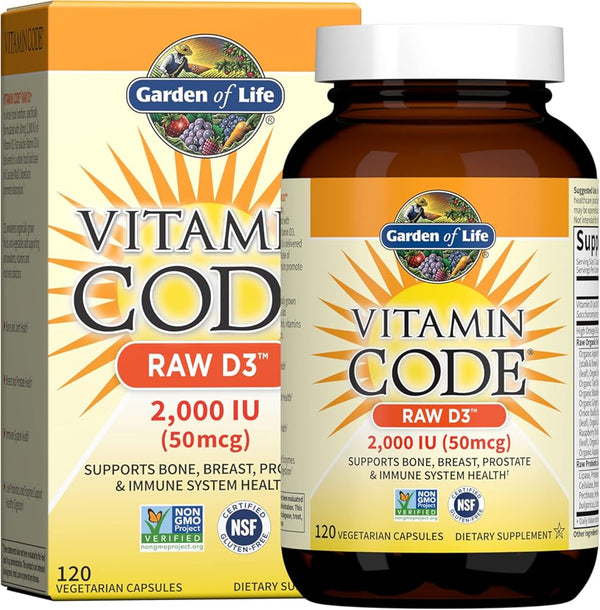Garden of Life D3 - Vitamin Code Whole Food Raw D3 Vitamin Supplement, 2000 Iu, Dairy and Gluten Free, Vegetarian, 120 Capsules D3 with Organic