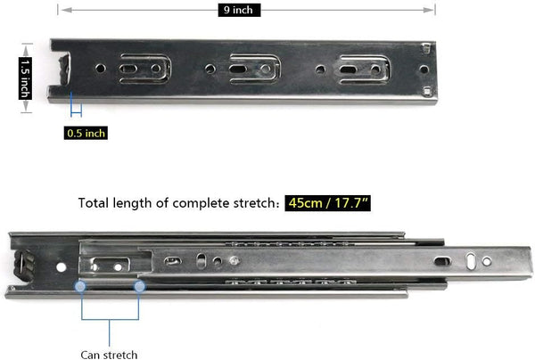 URBEST Drawer Slides 9 Inch Full Extension 3 Sections Ball Bearing Telescopic Slide Rails (9Inch)