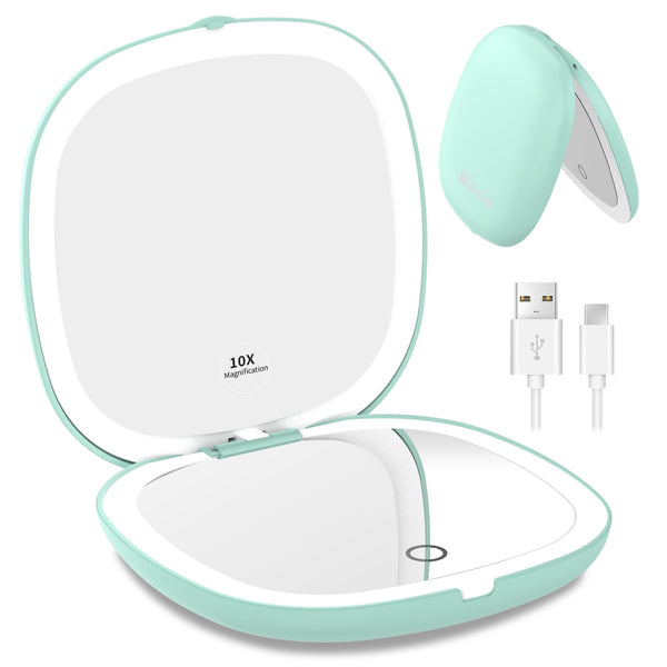 Wobsion Lighted Makeup Mirror with Magnification,Rechargeable 1X/10X Travel Mirror,Portable Comapct Folding Mirror for Bag,Gift,Cyan