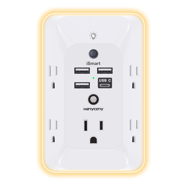 Outlet Extender with Night Light, HANYCONY Multi Plug Outlet, USB Wall Charger Surge Protector 4 USB Ports(1 USB C), Power Strip Electrical Outlet