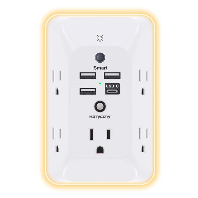 Outlet Extender with Night Light, HANYCONY Multi Plug Outlet, USB Wall Charger Surge Protector 4 USB Ports(1 USB C), Pow