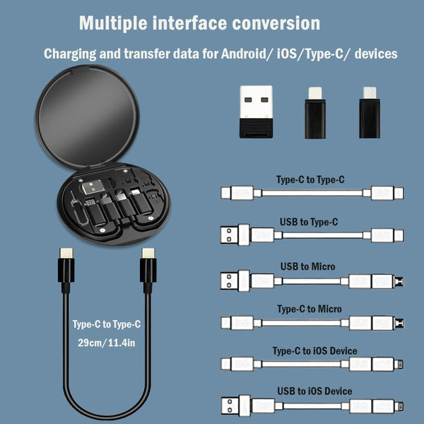 Multifunctional Data Cable Storage Box Adaptor for USB-C and Micro-Usb Devices Universal Data Transfer Cable (Black)