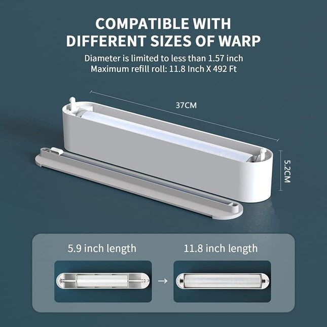 Refillable Magnetic Plastic Wrap Dispenser with Slide Cutter, Sturdy Food Cling Film Cutter, Press and Seal Wrap, 12" X 