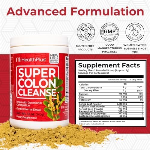 Health plus Super Colon Cleanse, 12 Oz Powder, 68 Servings - Natural Detox, Digestive Constipation Relief, Gentle Gut Cleanse with Psyllium Husk &