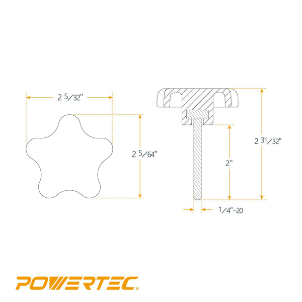 POWERTEC 5 Pack 1/4"-20 5 Star Knobs with 2" Threaded Stud, Thumb Screw Knobs with Bolts for Lawn Mower, Umbrella Base, Woodworking Tools & Jigs,