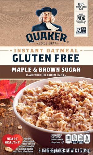 Quaker Instant Oatmeal, Gluten Free, Maple & Brown Sugar, Heart Healthy Oatmeal, Individual Packs, 1.51 Oz (Pack of 8)