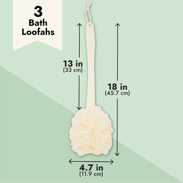 3 Pack Long Handled Loofah Back Scrubber, Exfoliating Body Sponge for Shower, Bath (18 In)