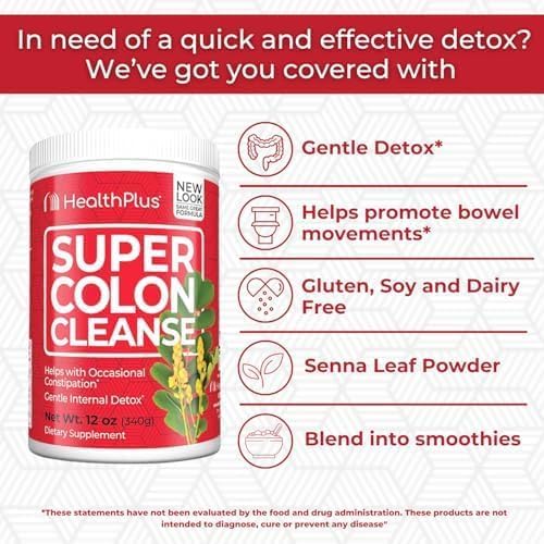 Health plus Super Colon Cleanse, 12 Oz Powder, 68 Servings - Natural Detox, Digestive Constipation Relief, Gentle Gut Cleanse with Psyllium Husk &