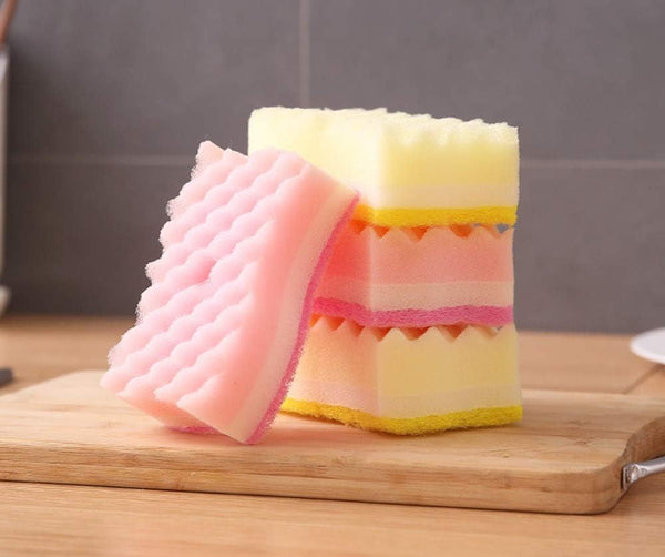 Yellow Pink Colors Multi-Functional Sponges Non-Scratch Scrub Sponges Household Kitchen Cleaning Sponges Durable Scouring Pads,Pack of 4