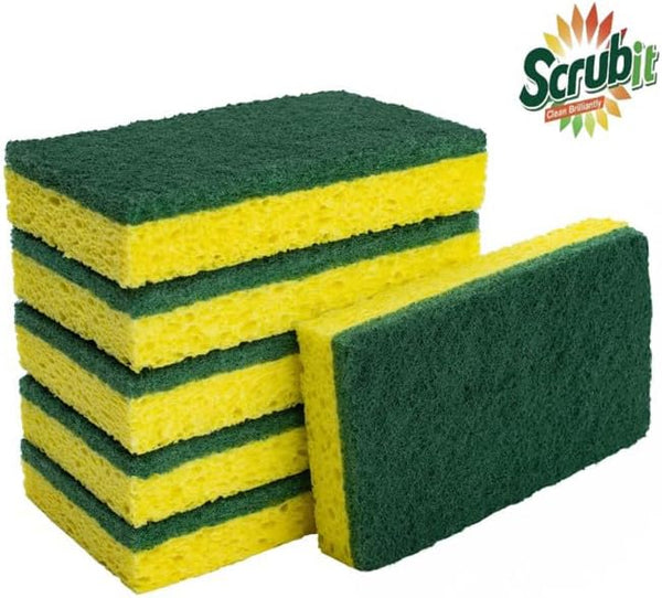 SCRUBIT Heavy Duty Scrub Sponges - Dishwashing Sponge along with a Tough Scouring Pad - Ideal for Cleaning Kitchen, Dishes, Bathroom - Yellow - 24