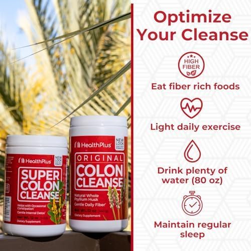 Health plus Super Colon Cleanse, 12 Oz Powder, 68 Servings - Natural Detox, Digestive Constipation Relief, Gentle Gut Cleanse with Psyllium Husk &