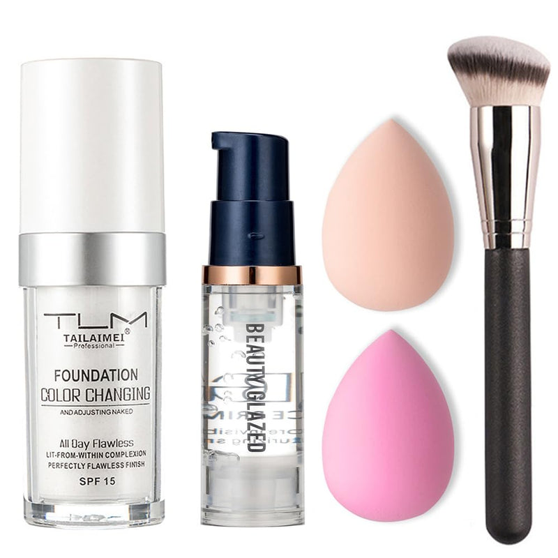 5PCS TLM Colour Changing Foundation Makeup Set Matte Liquid Full Coverage Oil Control Breathable Invisible Cover Concealer Foundation with Face