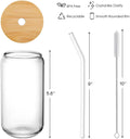 Drinking Glasses with Bamboo Lids and Glass Straw 4pcs Set - 16oz Glass Cups, Iced Coffee Glasses, Cute iced Tea Glasses, Beer Glasses, Ideal for
