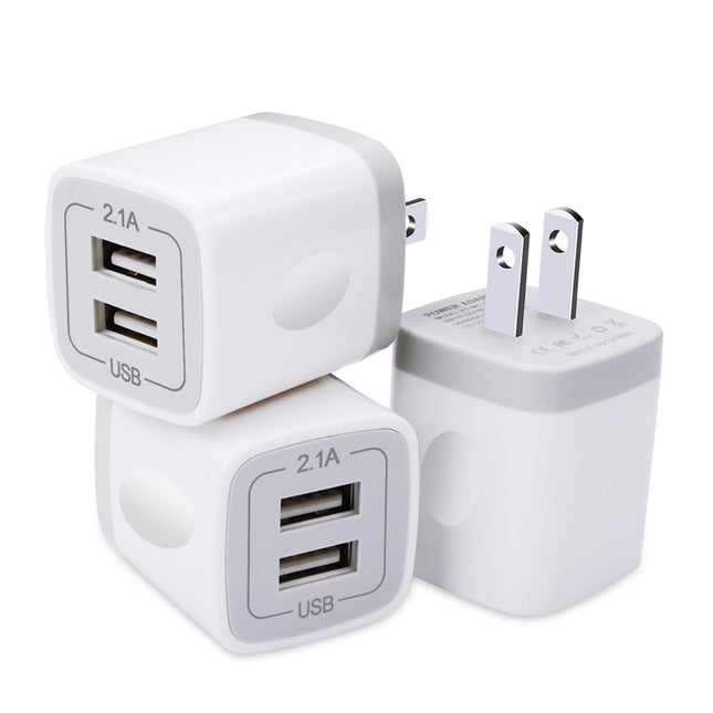 USB Plug, USB Wall Charger 3 Pack, Gigreen Dual Port Electrical Plug Wall Outlet Charger Cube 5V 2.1A Charging Block Com