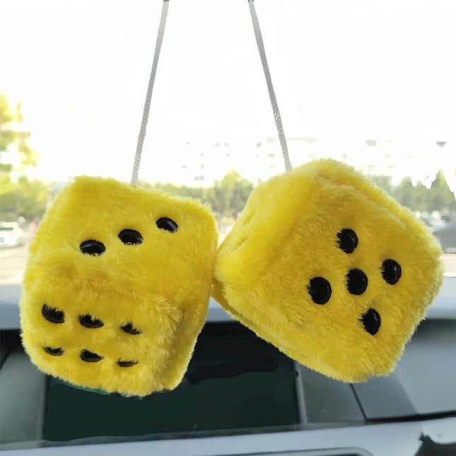 Fuzzy Plush Dice for Car Mirror, Pair of Retro 3â Yellow Dice with Black Dots for Car Interior Hanging Ornament Decora
