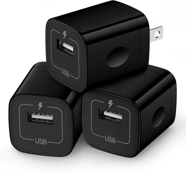 Wall Charger Cube,1A/5V Single Port USB Plug 3 Pack Travel Black Charging Block Box Adapter Compatible Phone,Samsung Galaxy S24 S23 A21 A51 A71