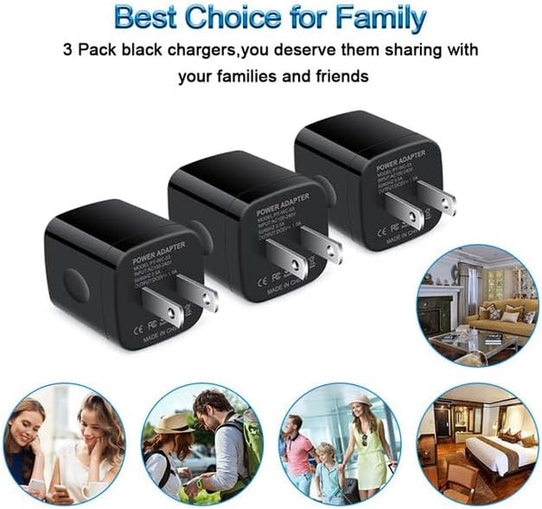 Wall Charger Cube,1A/5V Single Port USB Plug 3 Pack Travel Black Charging Block Box Adapter Compatible Phone,Samsung Galaxy S24 S23 A21 A51 A71
