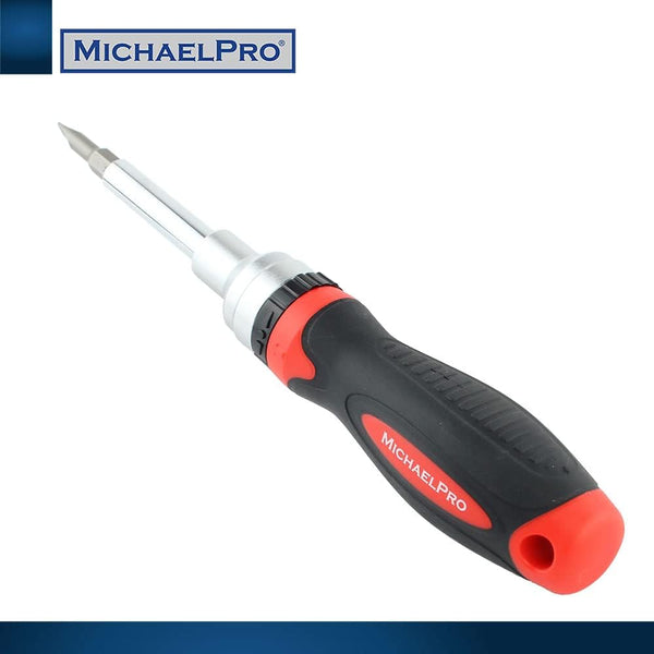 Michaelpro MP002025 7-In-1 Ratcheting Screwdriver & Nut Driver, Multi-Bit, Cushioned Grip, Black/Red