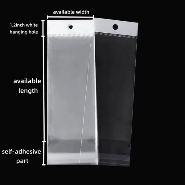 PABCK 100 Pack (Available Size 4.13X21.6 Inch) Clear Self Adhesive Straight Hair Packaging Bags with Hang Hole Wigs Hair Storage Beauty Personal