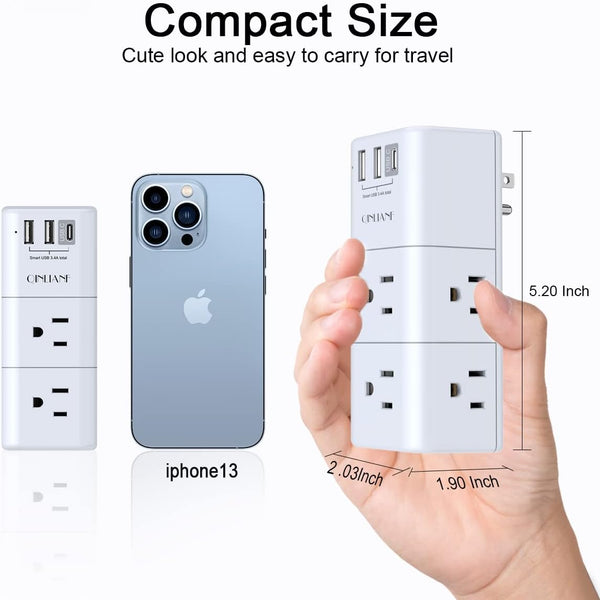USB Outlet Extender Surge Protector - QINLIANF Rotating Plug, 3-Sided Swivel Power Strip, 6 AC Spaced Outlet Splitter and 3 USB Ports (1 USB C)