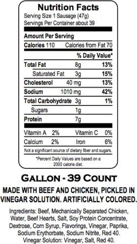 Herbs RED HOT Pickled Sausage (1 Gal. Jar) 39 Count Beef & Chicken No Pork ( from Jersey Candy Company)