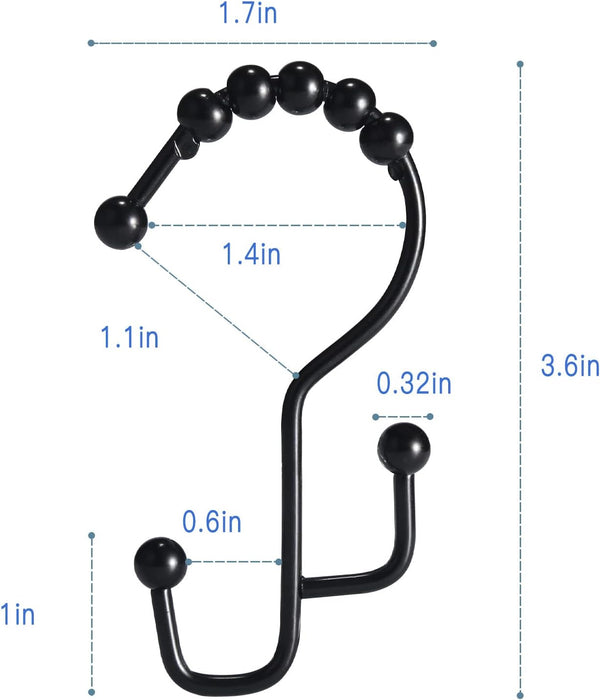 Shower Curtain Hooks, 12 Pcs Double Shower Curtain Hooks Rings, Black Shower Curtain Hooks Rust Proof, Stainless Steel Bathroom Shower Hooks for