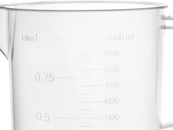 EISCO Plastic Pitcher, 1000Ml (1L) - Short Form, Euro Design - Molded Graduations - Chemical Resistant & Autoclavable Polypropylene - Measuring Jug