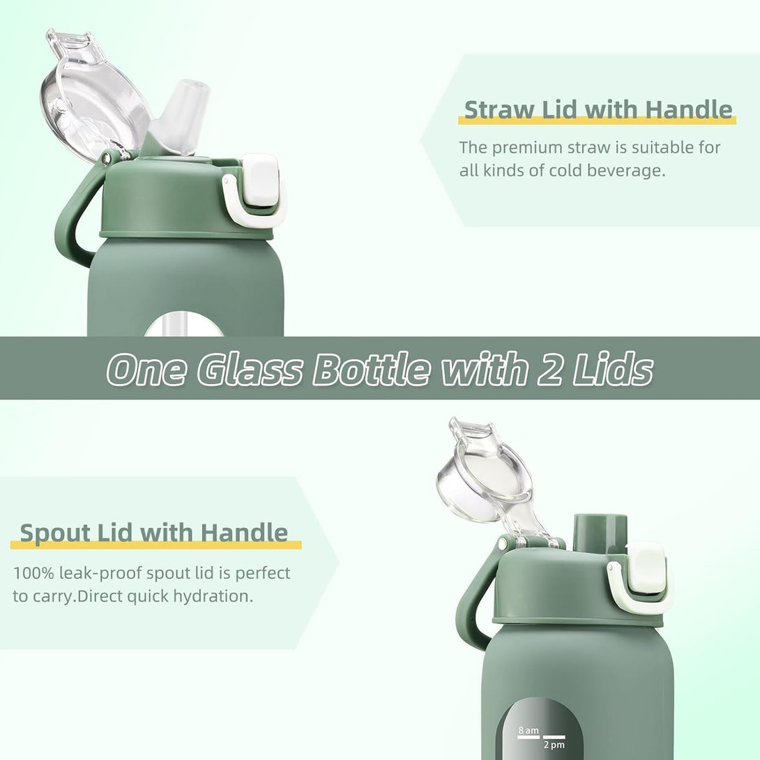 32 Oz Glass Water Bottles with 2 Lids-Handle Spout Lid & Straw Lid, 1 Liter Motivational Borosilicate Water Bottle with Time Marker and Silicone Sleeve,Leakproof-Olive-1 Pack