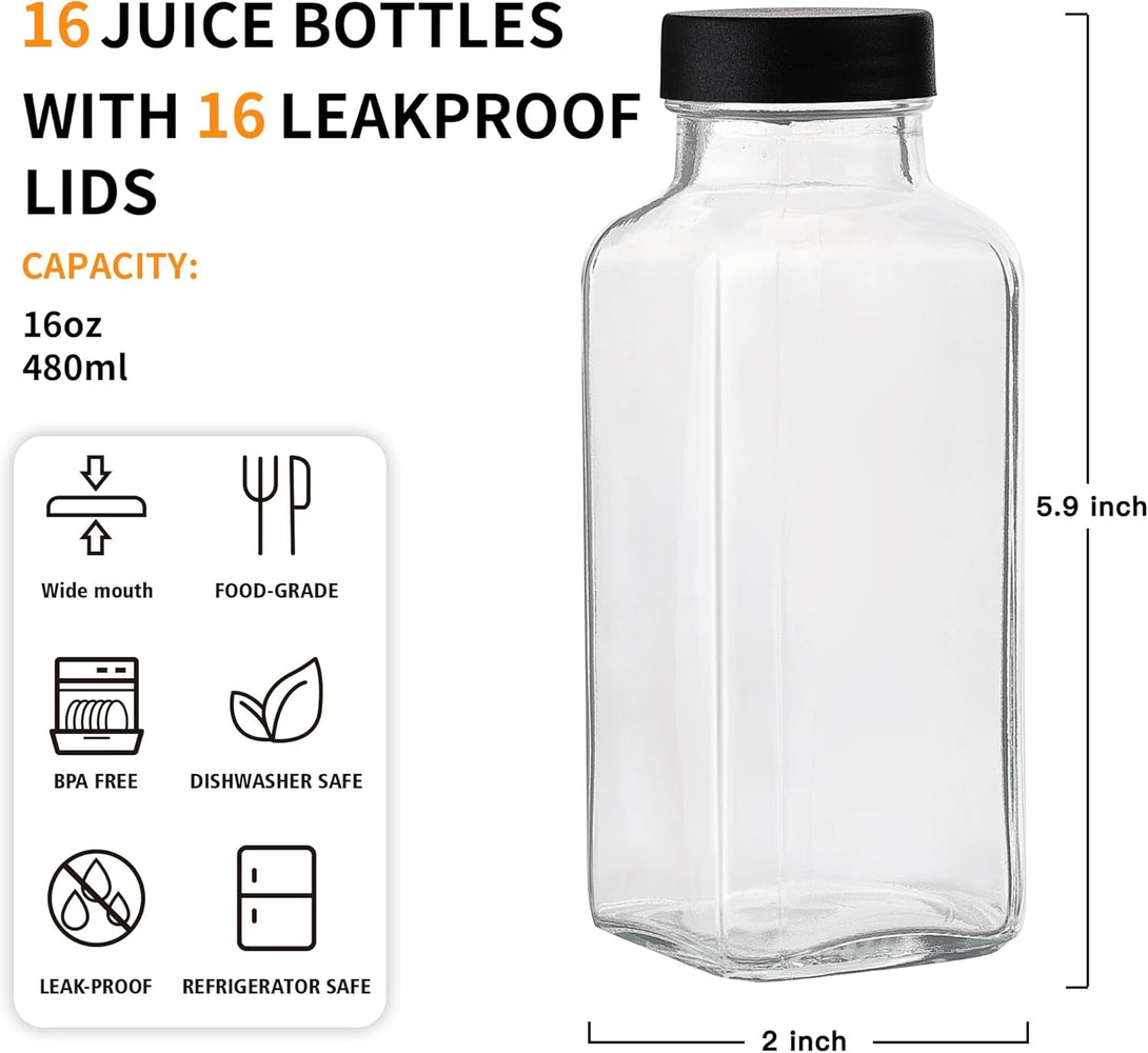 16 Pack 16 OZ Glass Juice Bottles with Airtight Lids & 4 Straws & 6 Lids W Hole, Reusbale Clear Glass Homemade Drinking Jars, Glass Bottles for Juicing, Smoothies, Water, Milk, Kombucha