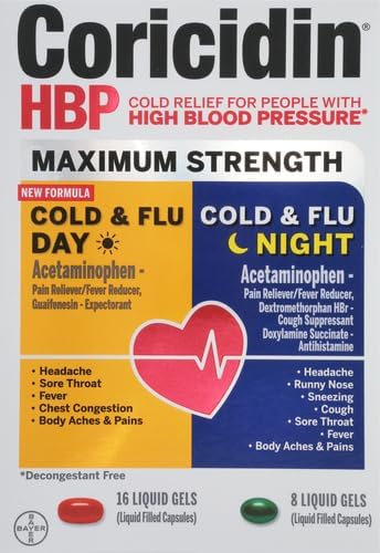 Coricidin HBP, Decongestant-Free Cold Symptom Relief for People with High Blood Pressure, Maximum Strength Cold & Flu Day + Night Liquid Gels, 24