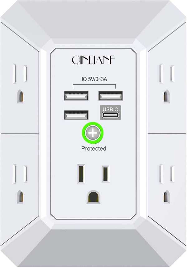 Wall Charger, Surge Protector, QINLIANF 5 Outlet Extender with 4 USB Charging Ports (4.8A Total) 3-Sided 1680J Power Strip Multi Plug Adapter