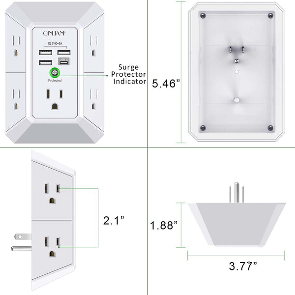 Wall Charger, Surge Protector, QINLIANF 5 Outlet Extender with 4 USB Charging Ports (4.8A Total) 3-Sided 1680J Power Strip Multi Plug Adapter