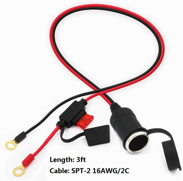 SPARKING 3FT Car Female Cigarette Lighter Plug Socket to Eyelet Terminals 12V Extension Cable with 10A Fuse (3FT)