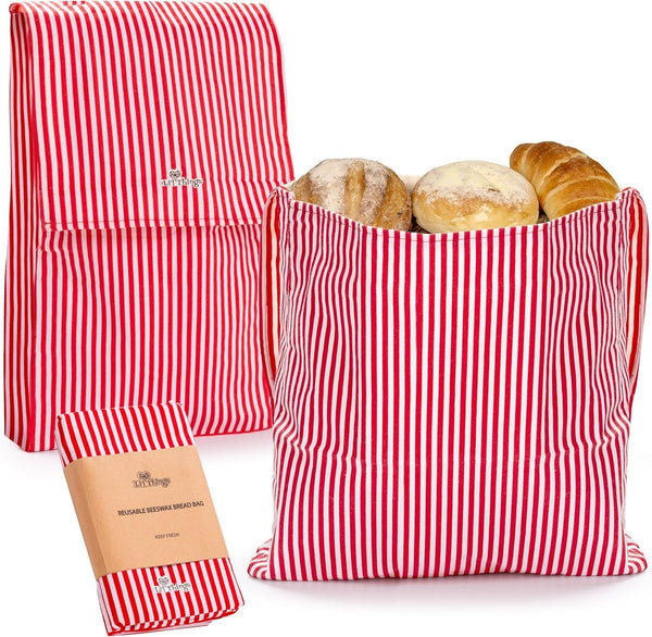 Li'L Things Eco-Friendly Reusable Beeswax Bread Bags | Improved Beeswax Coating | Set of 2 Sizes | 13'X13' & 15’X 9’ | 6 Different Themes | Great for Home Baked Store-Bought Bread | Stripey Red
