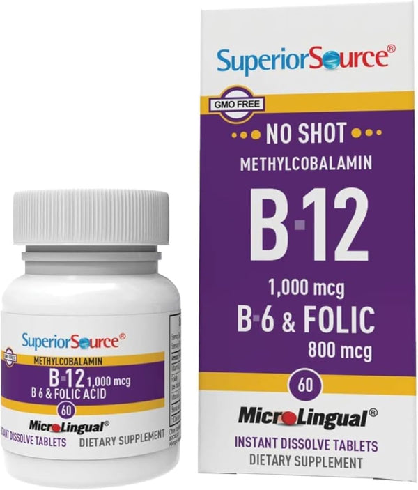 Superior Source No Shot Vitamin B-12 Methylcobalamin 1000 Mcg, B-6 & Folic Acid 800 Mcg - Supports Brain & Heart Health - Aids Natural Energy