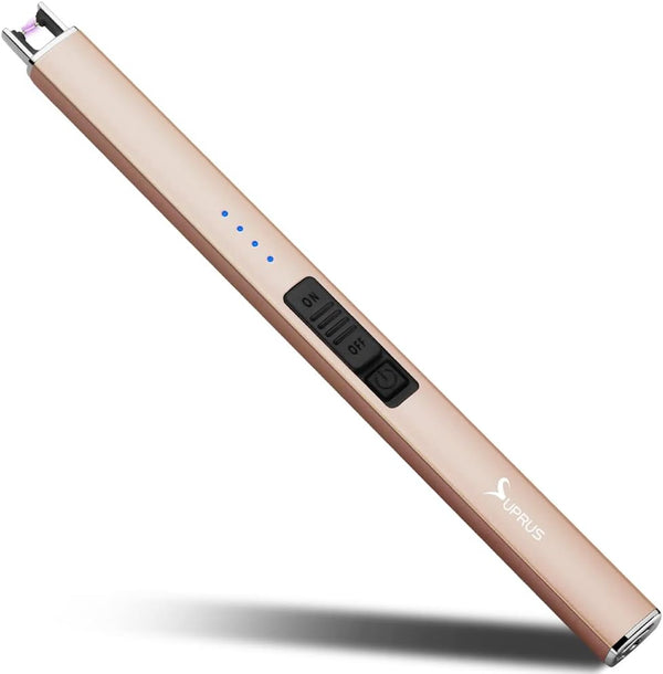SUPRUS Electric Lighter Arc Windproof Flameless USB Rechargeable Lighter with Safety Lock for Candle BBQ Camping (Champagne Gold)