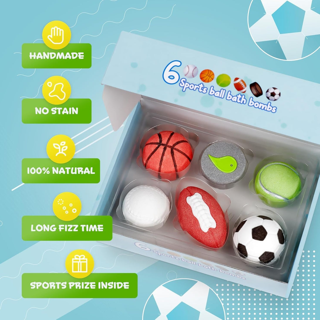 6Pc Sporty Kids Bath Bombs with Surprise inside - Girls & Boys Bath Toys W/ 6 Sports Prizes - Perfect for Birthdays, Holidays -Toddlers 3+