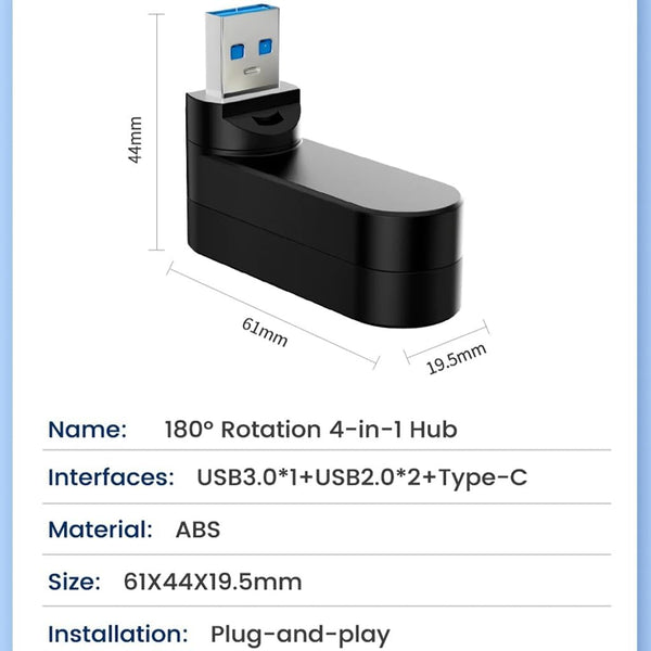 VIENON 4-Port USB 3.0 Hub [90Â°/180Â° Degree Rotatable], USB Splitter with 3 USB-A Ports & 1 USB C Power/Data Port, USB Extender for Laptop, Car,
