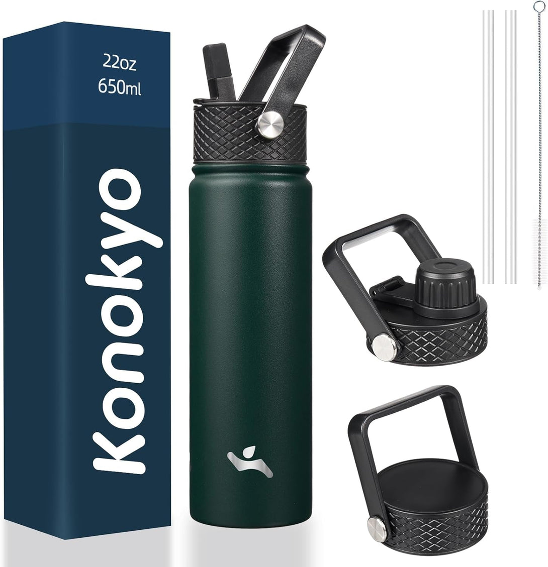 22Oz Stainless Steel Bottles with 3 Lids Sport Insulated Water Bottle,Army Green