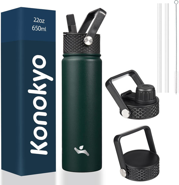 22Oz Stainless Steel Bottles with 3 Lids Sport Insulated Water Bottle,Army Green