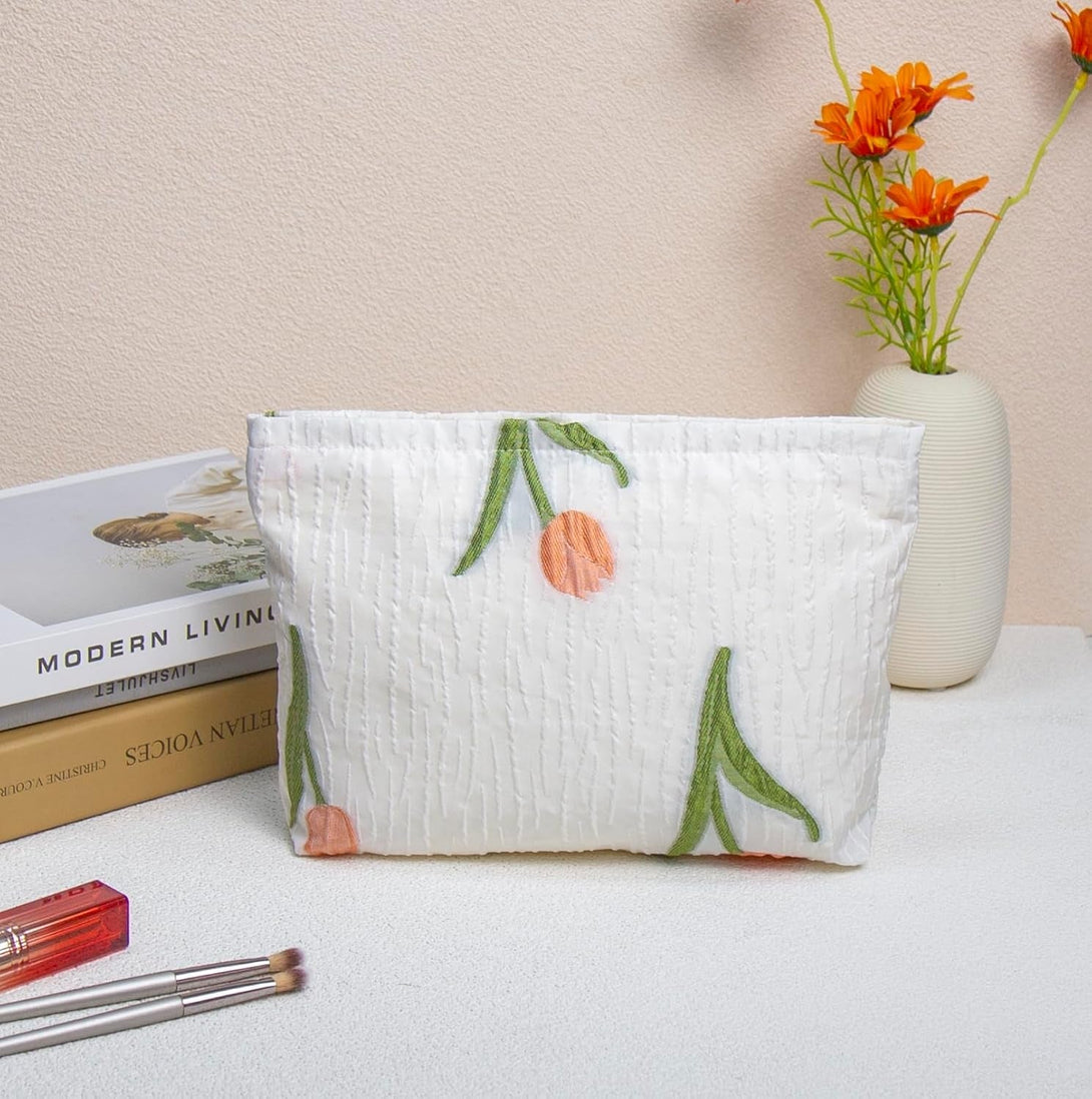 2 Pcs Makeup Bags, Large Cosmetic Bag Travel Toiletry Bag Organizer for Women, Embroidery Craft, Floral Makeup Bag Small Cosmetic Pouch Purse with Zipper Gifts for Girls Teen