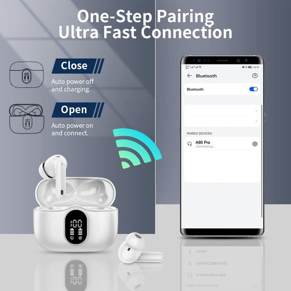 Wireless Earbuds Bluetooth 5.4 Headphones Bass Stereo Ear Buds with Noise Cancelling Mic LED Display in Ear Earphones IP7 Waterproof 36H Playtime