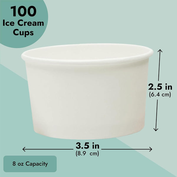 Juvale 100 Pack Disposable Paper Ice Cream Cups, Dessert Bowls for Sundae Bar, Frozen Yogurt (White, 8 Oz) - Ice Cream Sundae Bar Supplies