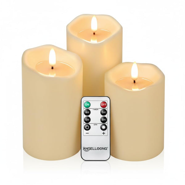 ANGELLOONG Battery Operated Candles with Remote, Real Wax Flickering Flameless Candles with Timer, Set of 3 Electric LED Candles for Valentines
