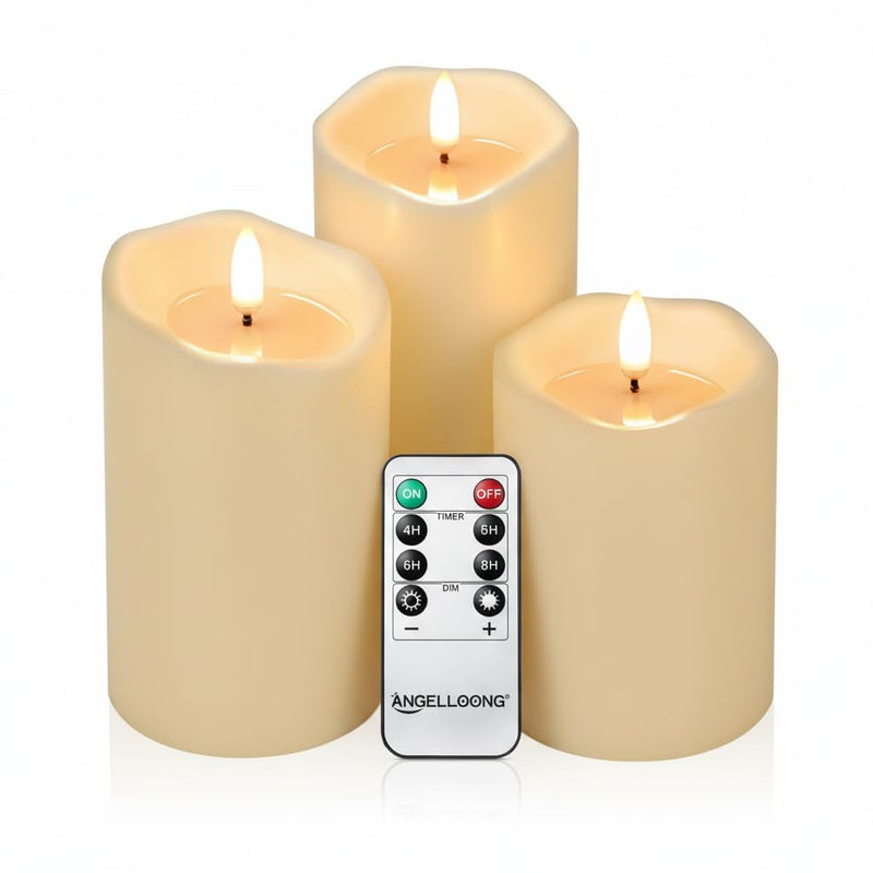 ANGELLOONG Battery Operated Candles with Remote, Real Wax Flickering Flameless Candles with Timer, Set of 3 Electric LED Candles for Valentines