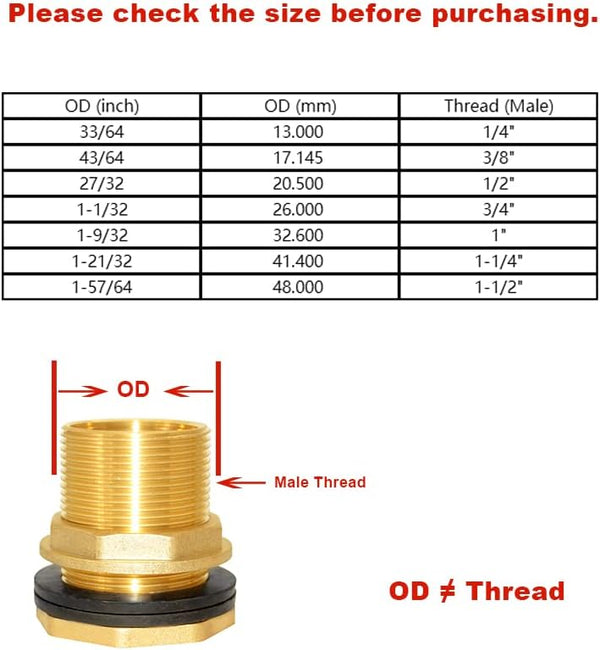 Hooshing Brass Bulkhead Fitting 3/8" Female 1/2" Male Thread Water Tank Connector with Rubber Ring