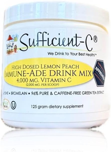 Sufficient-C High Dose Non-Gmo Vitamin C Lemon Peach Immune-Ade Drink Mix, Convenient 125 Gram Size W/L-Lysine, Bromelain & a Premium 96% Pure