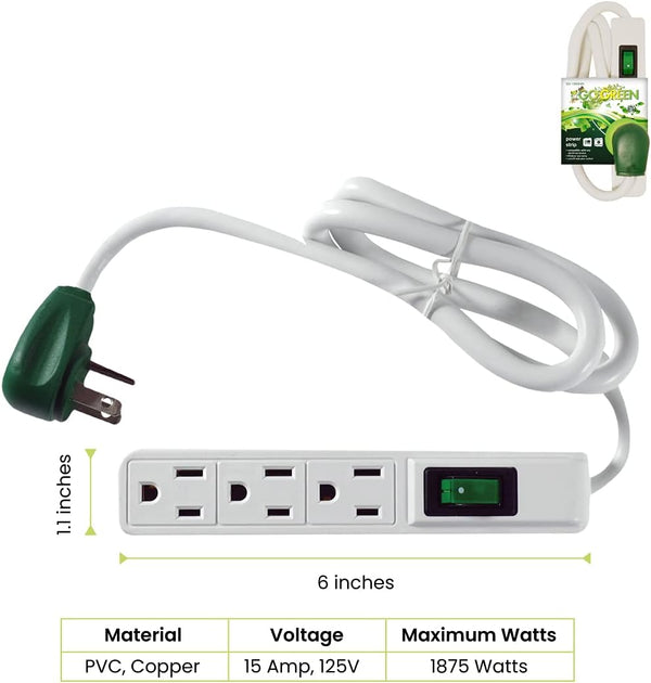 Go Green Power Inc. 2.5Ft 3-Outlet Power Strip - Compact, Durable, Ideal for Travel & Home Use with Right-Angled Plug and Circuit Breaker - GG-13002MS